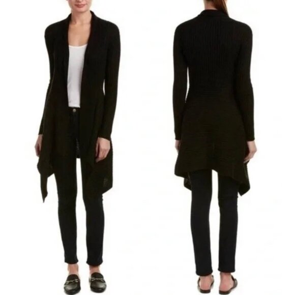 CABI Solid Black Sweetheart Ribbed Asymmetrical Hem Open-Front Cardigan Medium - Picture 1 of 8